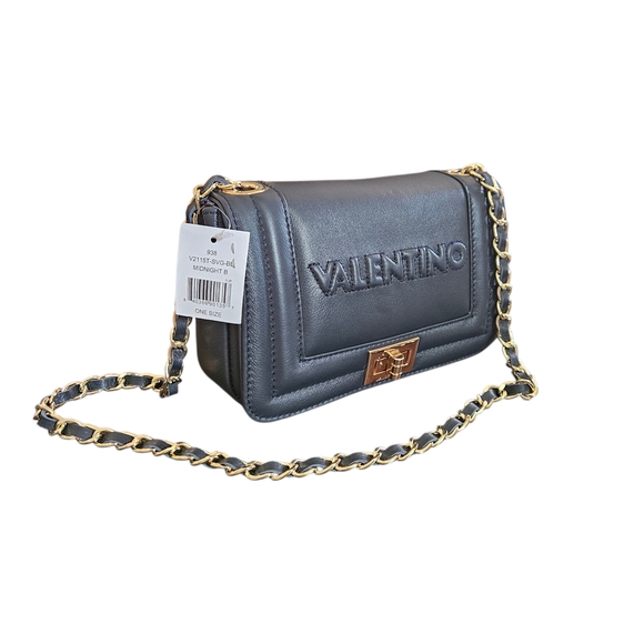 NWT - Valentino - Midnight Blue Leather Gold Chain Embossed Shoulder Bag - Picture 3 of 13
